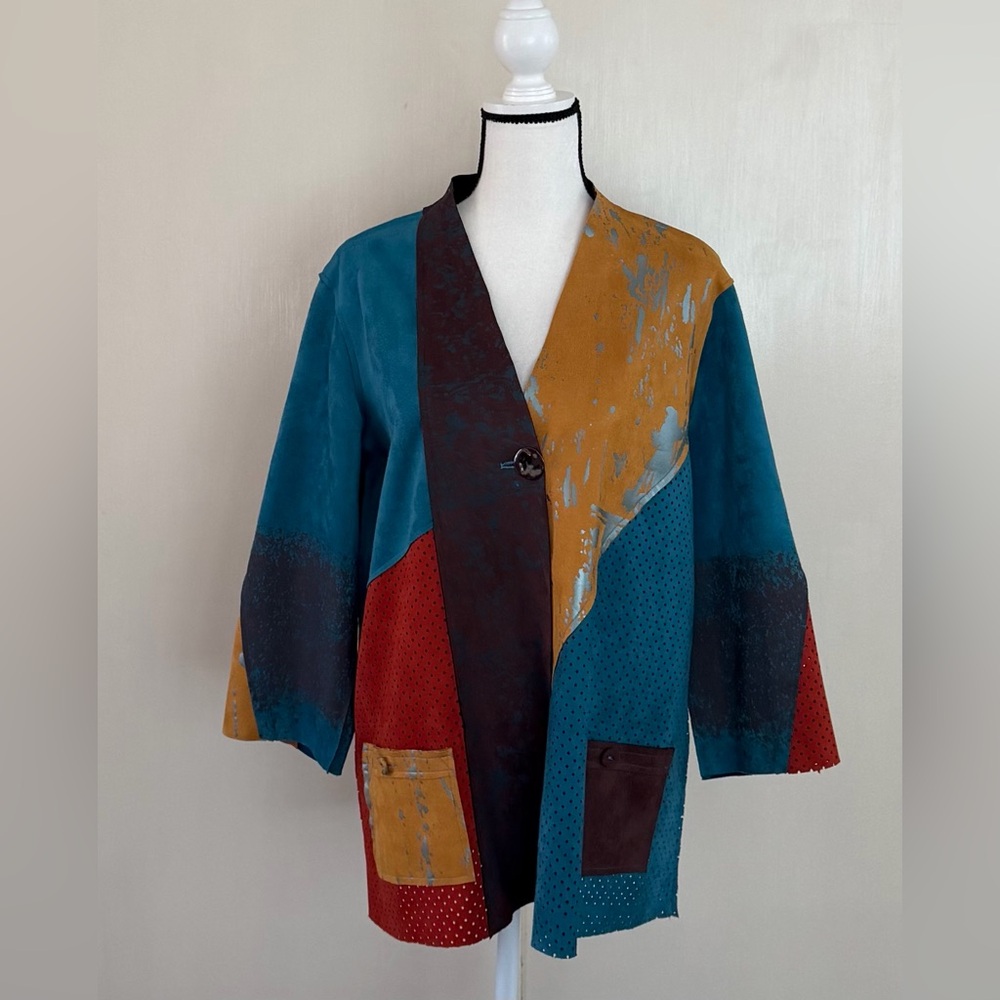 Ali Miles NWOT Faux Suede Patchwork Artistic Jacket - Peacock Multi - M